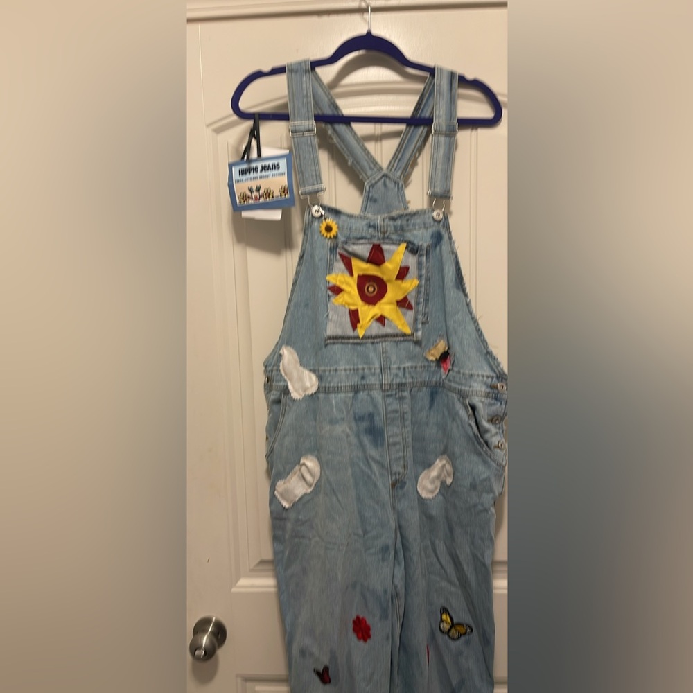 Blue and Yellow Denim Overalls with Sun Patch